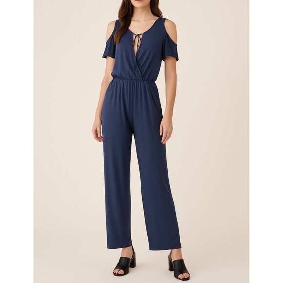 BCBGeneration Jumpsuit S Cold Shoulder Wrap Tie Resort Date Night Casual Chic - Picture 1 of 11